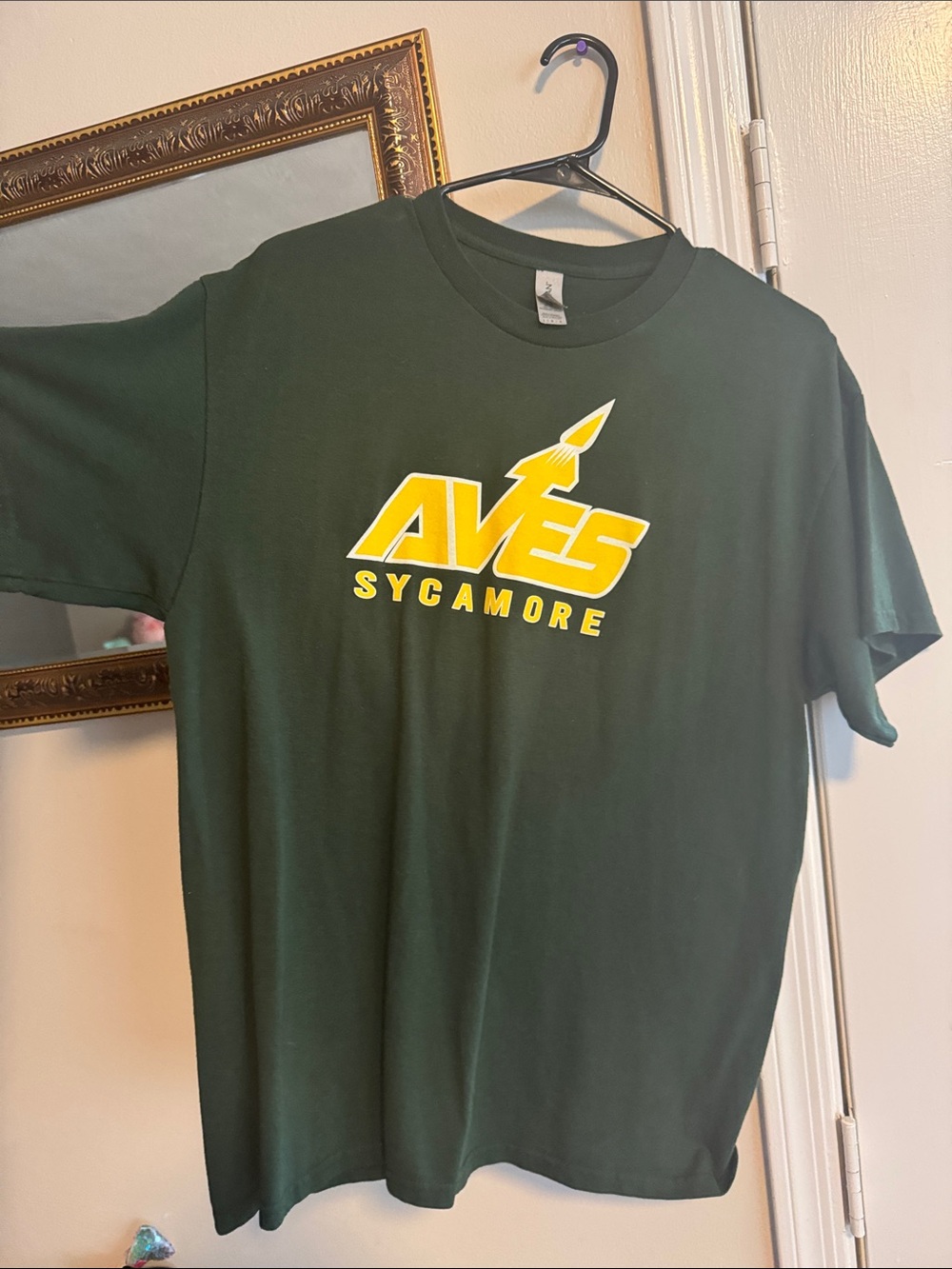 Sycamore Aves Gildan Dark Green Crew Neck Tee with Small Yellow Tag